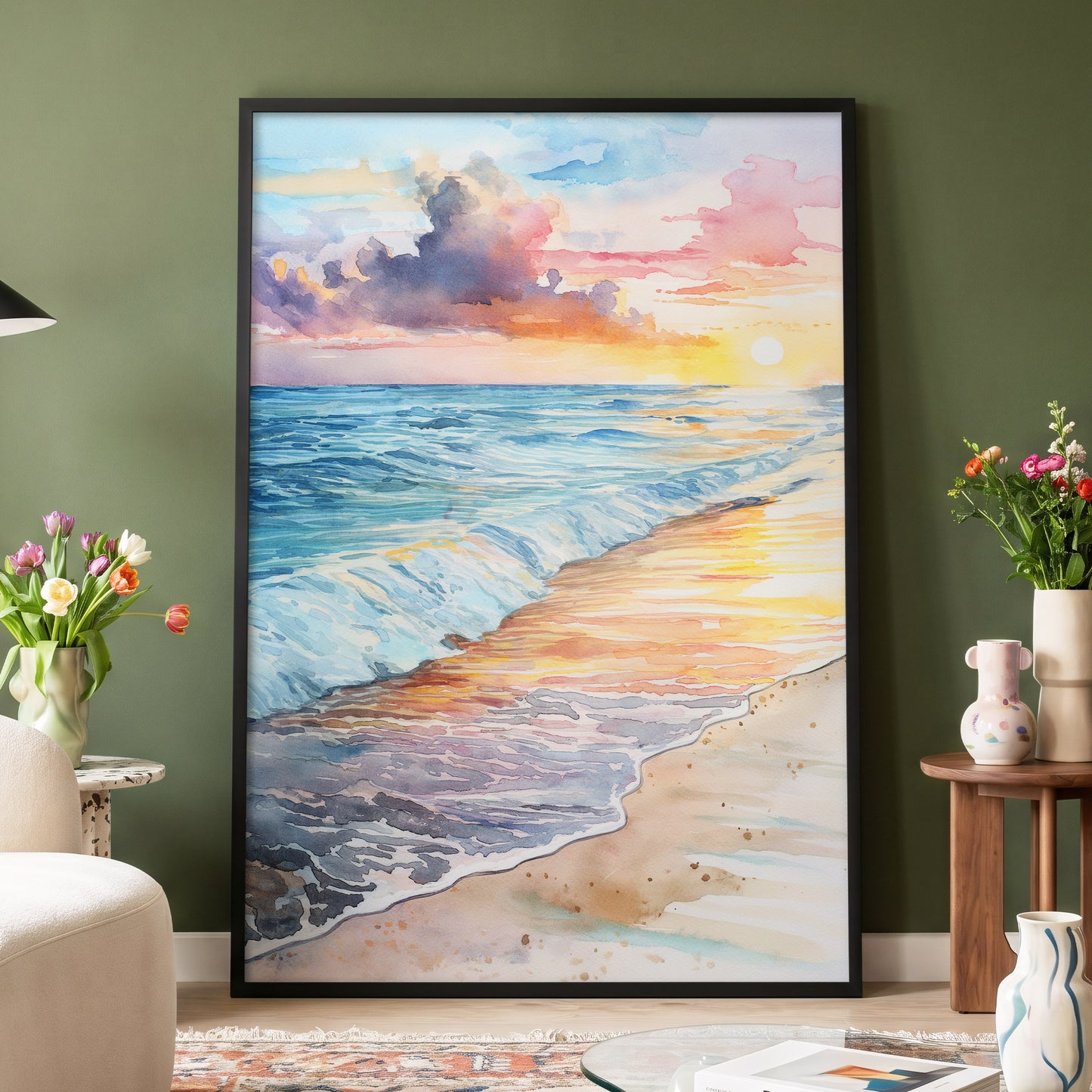 Pastel Tide at Sunset, blue, orange, beige nature wall art displayed in a styled interior, gallery view 4