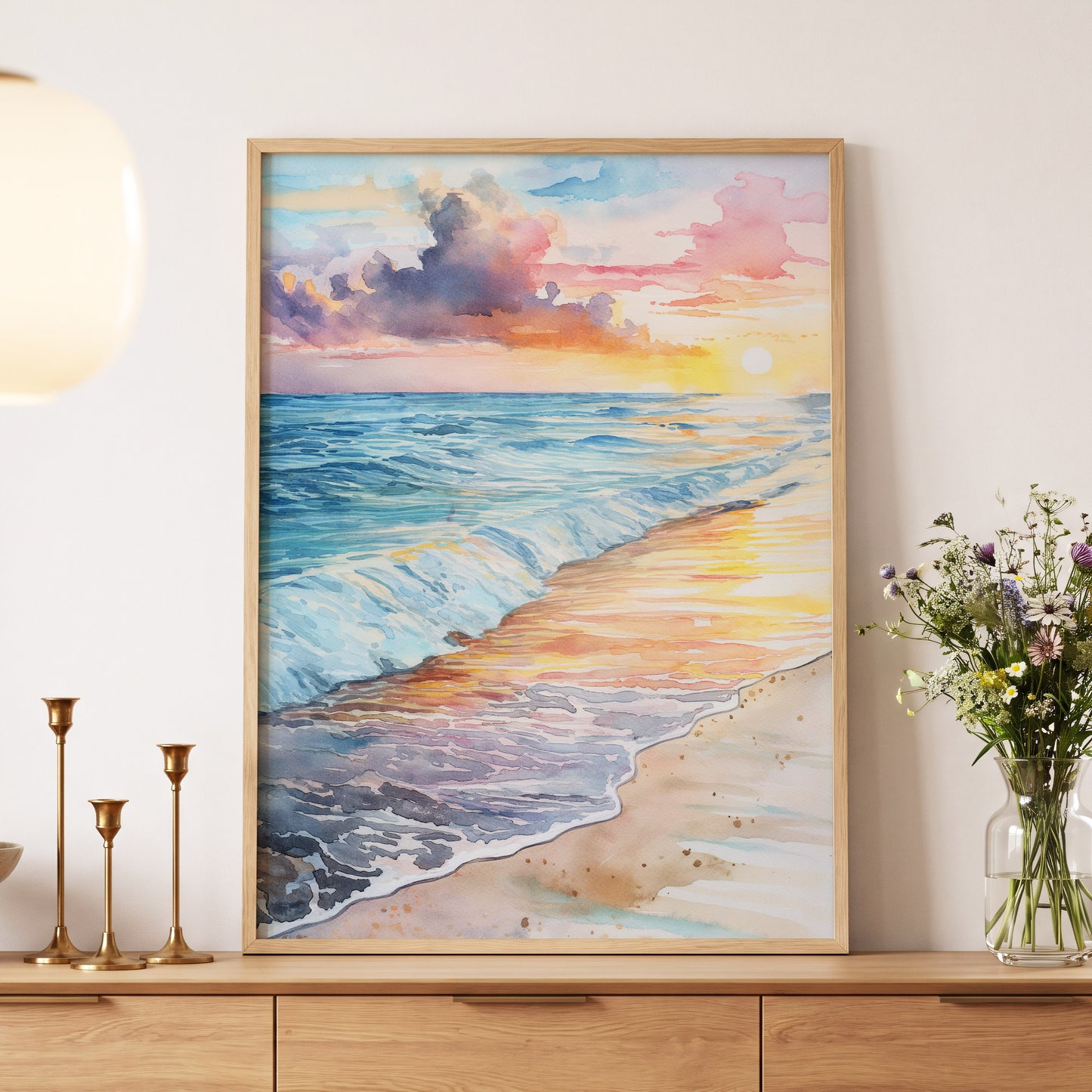 Pastel Tide at Sunset, blue, orange, beige nature wall art displayed in a styled interior, gallery view 5