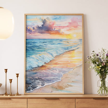 Pastel Tide at Sunset, blue, orange, beige nature wall art displayed in a styled interior, gallery view 5