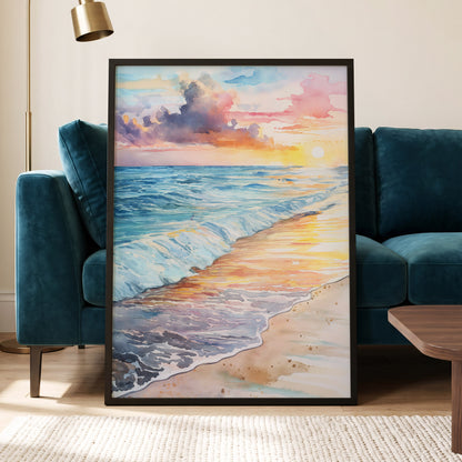 Pastel Tide at Sunset, blue, orange, beige nature wall art displayed in a styled interior, gallery view 6