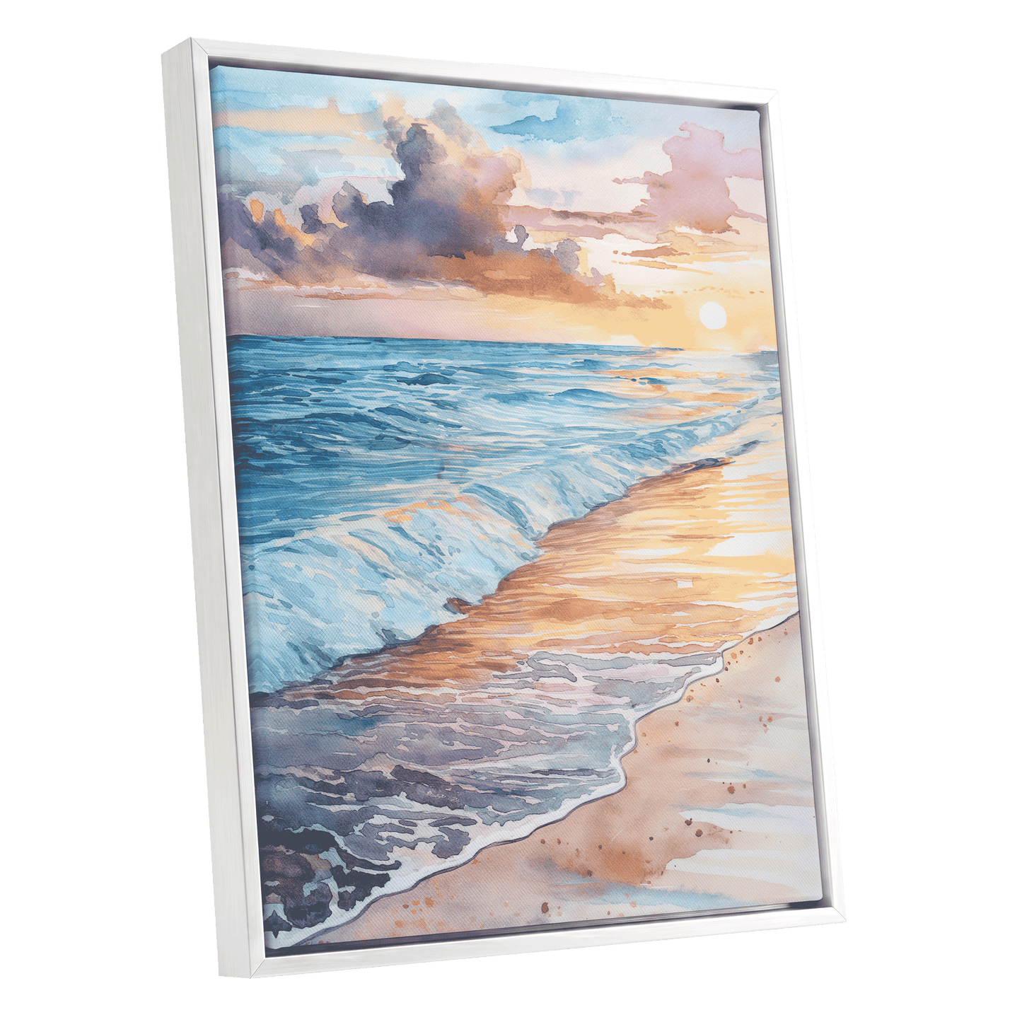 Pastel Tide at Sunset, blue, orange, beige nature wall art shown as a white framed canvas wall art