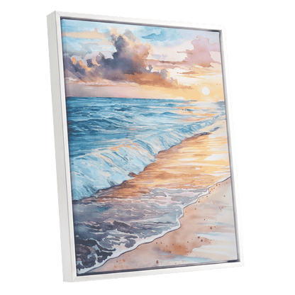 Pastel Tide at Sunset, blue, orange, beige nature wall art shown as a white framed canvas wall art