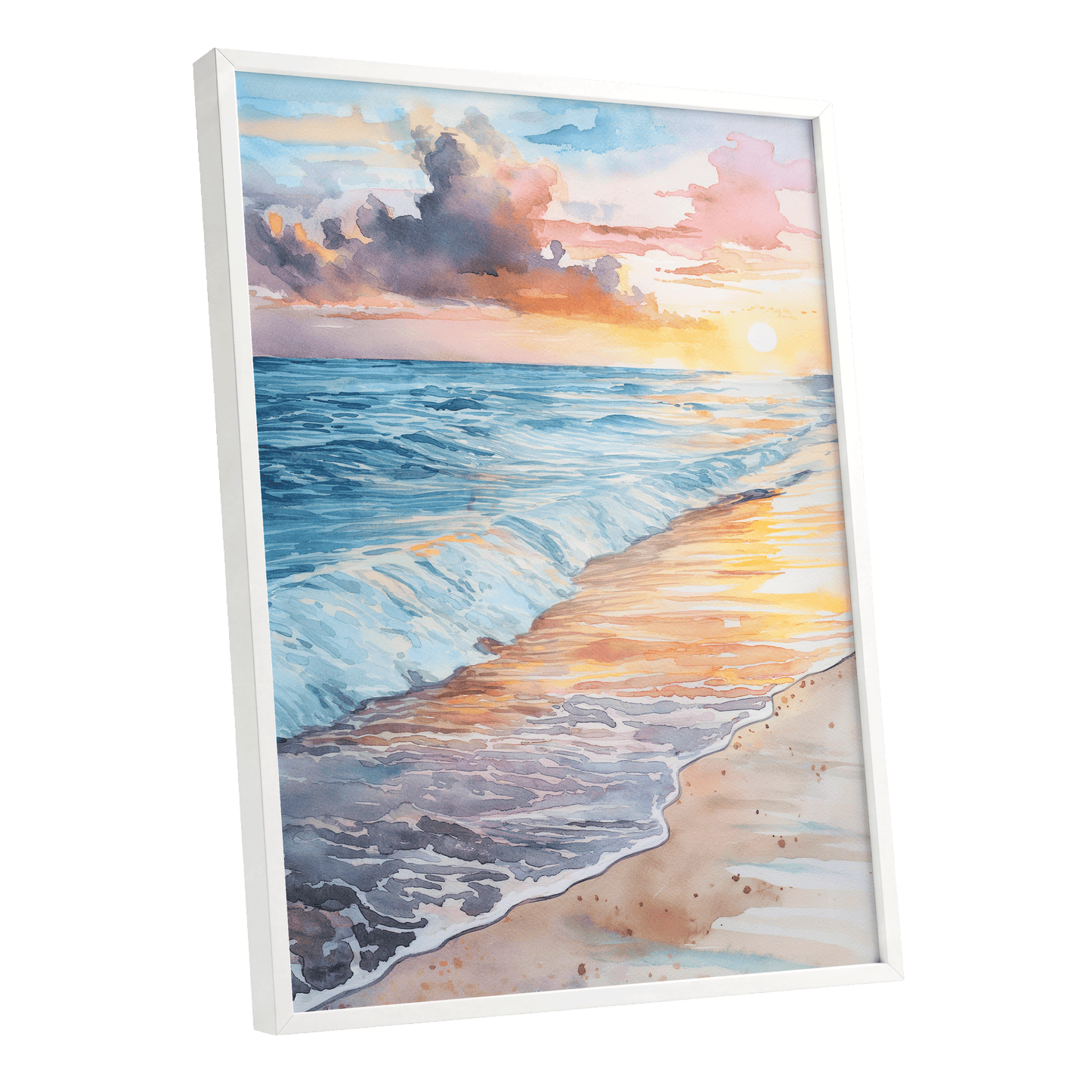 Pastel Tide at Sunset, blue, orange, beige nature wall art shown as a white framed poster wall art print