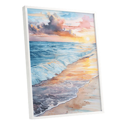 Pastel Tide at Sunset, blue, orange, beige nature wall art shown as a white framed poster wall art print