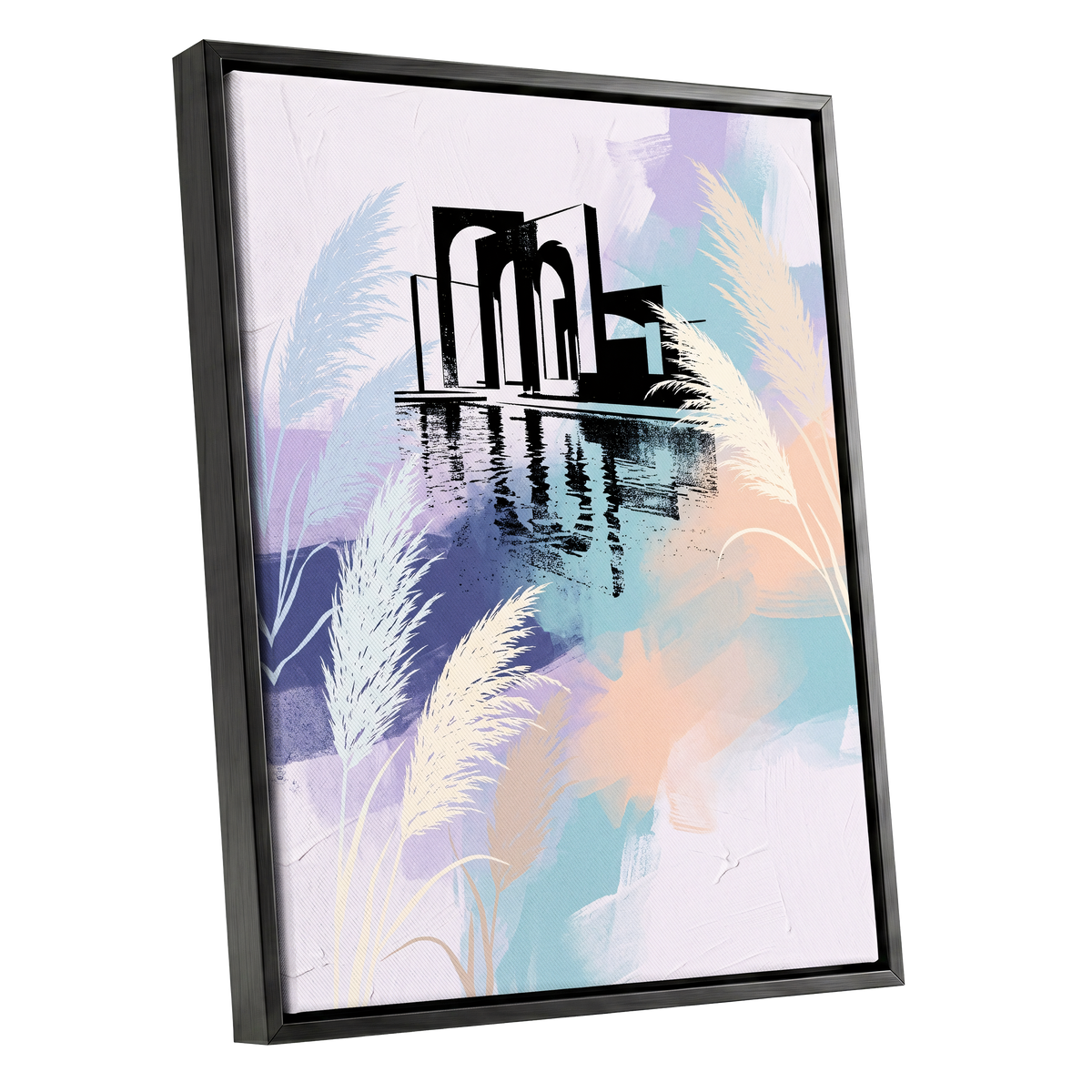Pastel Waterside Reeds, white, blue, black nature wall art shown as a black framed canvas wall art
