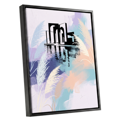 Pastel Waterside Reeds, white, blue, black nature wall art shown as a black framed canvas wall art