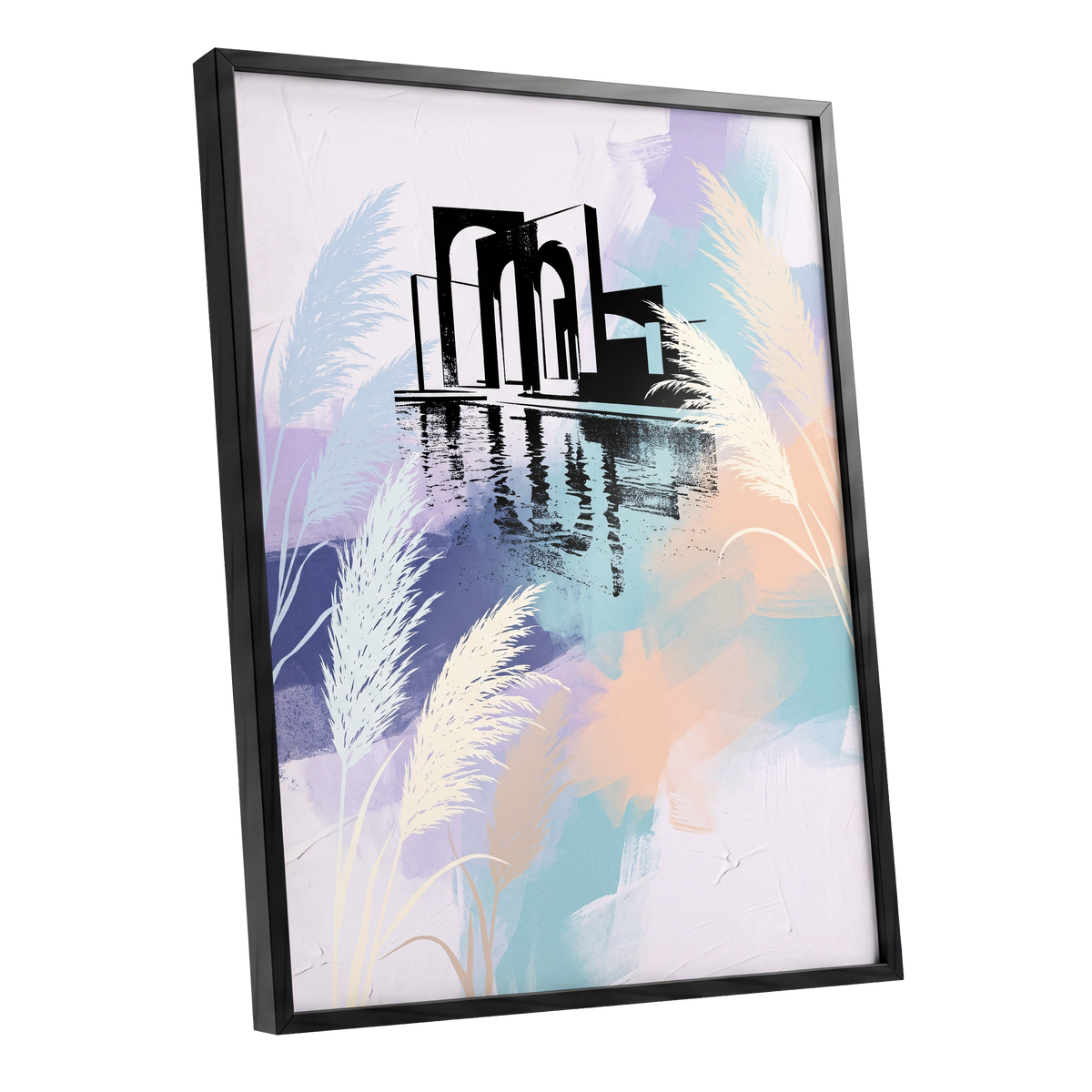 Pastel Waterside Reeds, white, blue, black nature wall art shown as a black framed poster wall art print