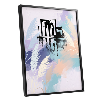 Pastel Waterside Reeds, white, blue, black nature wall art shown as a black framed poster wall art print