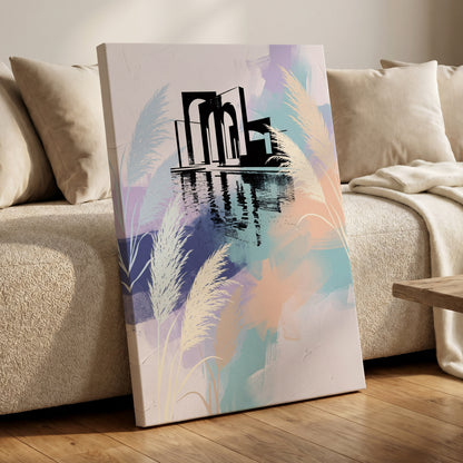 Pastel Waterside Reeds, white, blue, black nature wall art on canvas displayed in a styled interior, gallery view 1