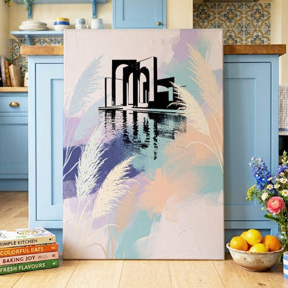 Pastel Waterside Reeds, white, blue, black nature wall art on canvas displayed in a styled interior, gallery view 2