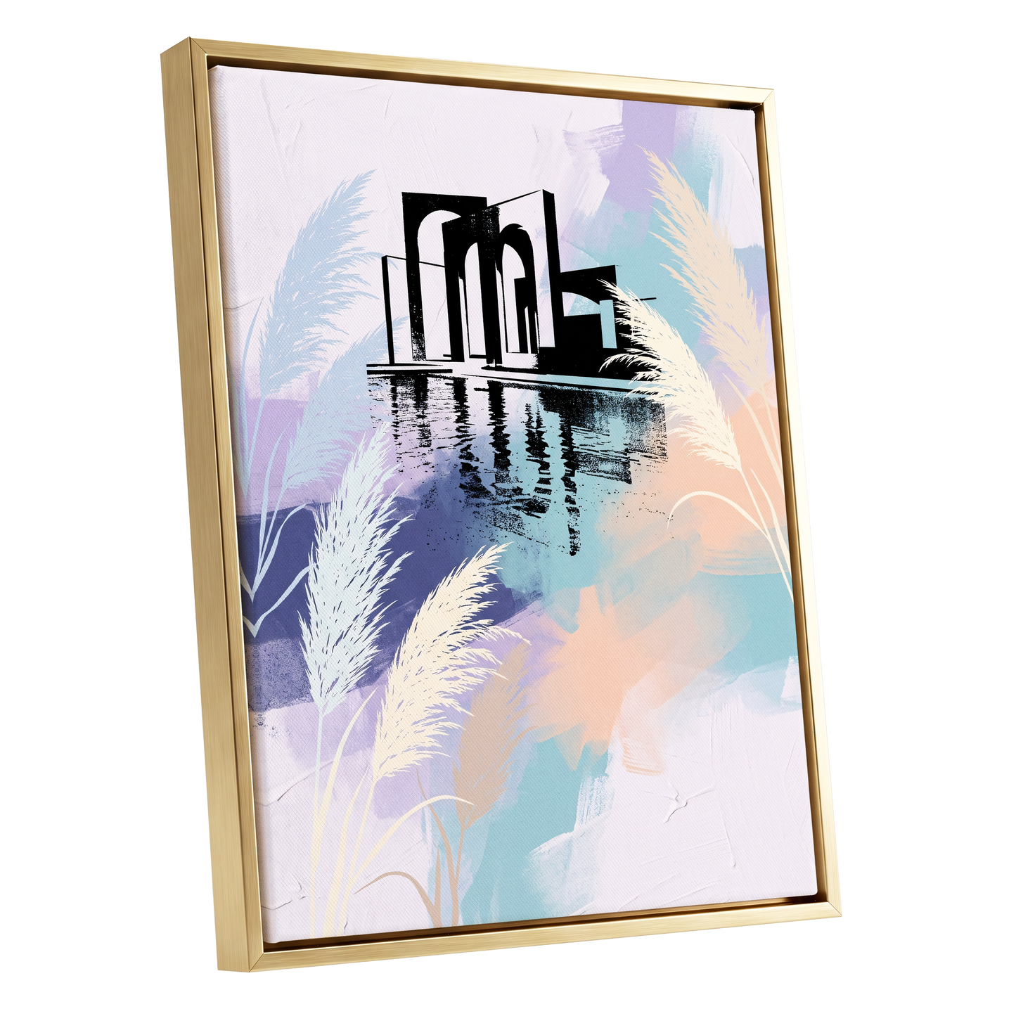 Pastel Waterside Reeds, white, blue, black nature wall art shown as a gold framed canvas wall art