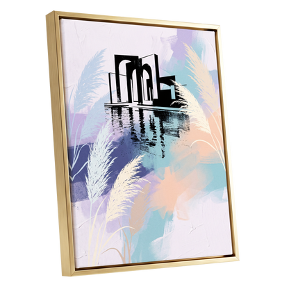 Pastel Waterside Reeds, white, blue, black nature wall art shown as a gold framed canvas wall art