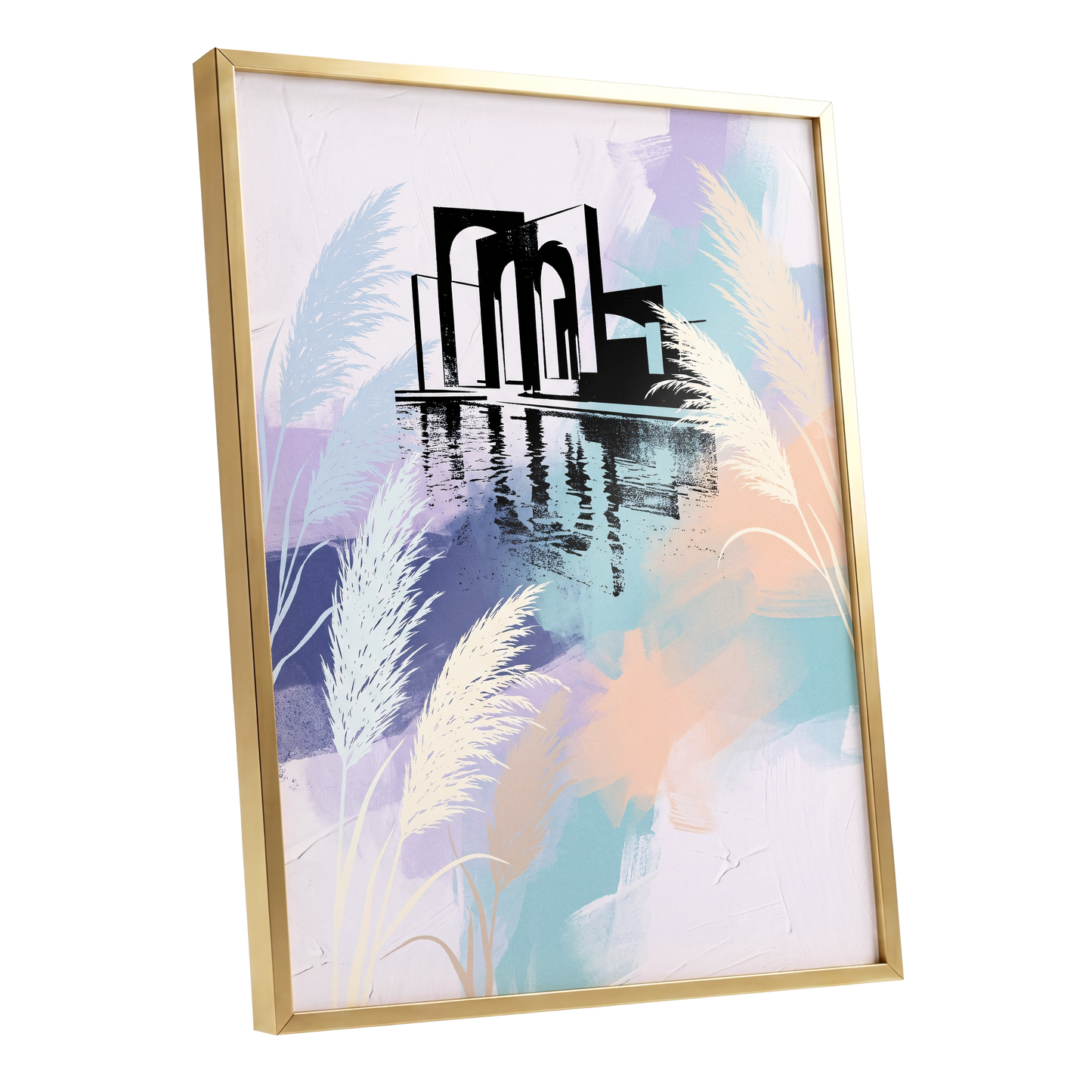 Pastel Waterside Reeds, white, blue, black nature wall art shown as a gold framed poster wall art print