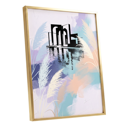 Pastel Waterside Reeds, white, blue, black nature wall art shown as a gold framed poster wall art print