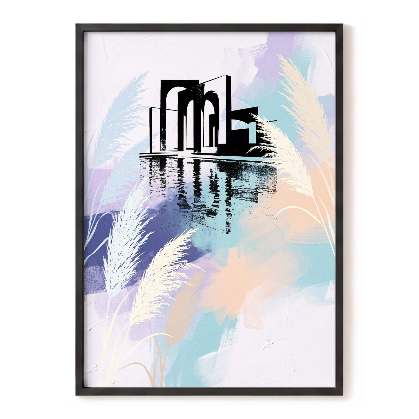 Pastel Waterside Reeds, white, blue, black nature wall art, front artwork view
