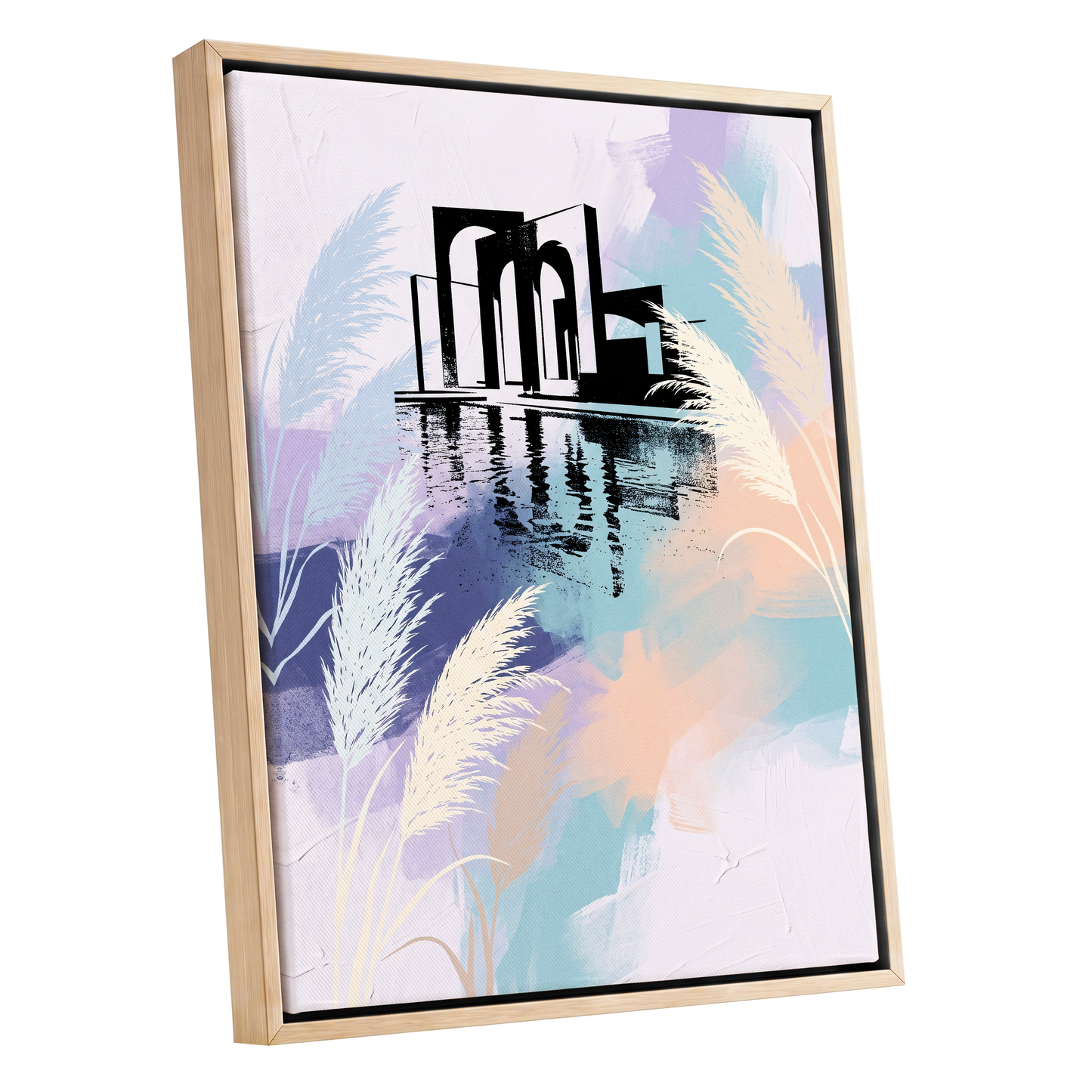 Pastel Waterside Reeds, white, blue, black nature wall art shown as a oak framed canvas wall art