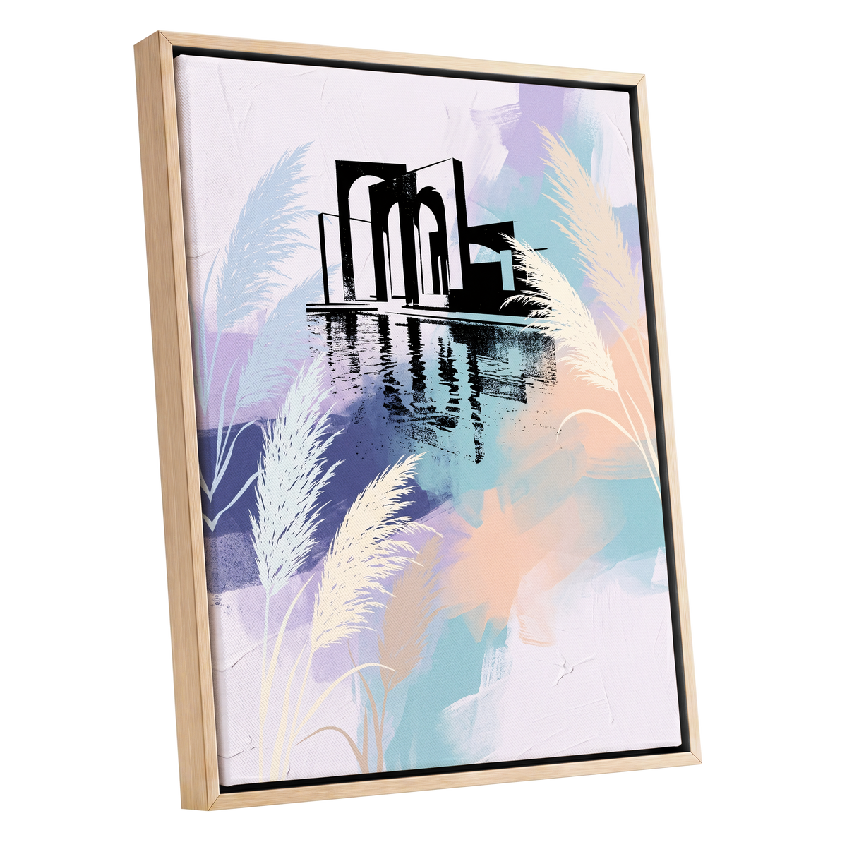 Pastel Waterside Reeds, white, blue, black nature wall art shown as a oak framed canvas wall art