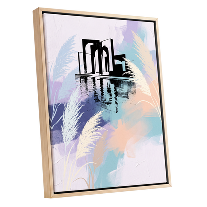 Pastel Waterside Reeds, white, blue, black nature wall art shown as a oak framed canvas wall art