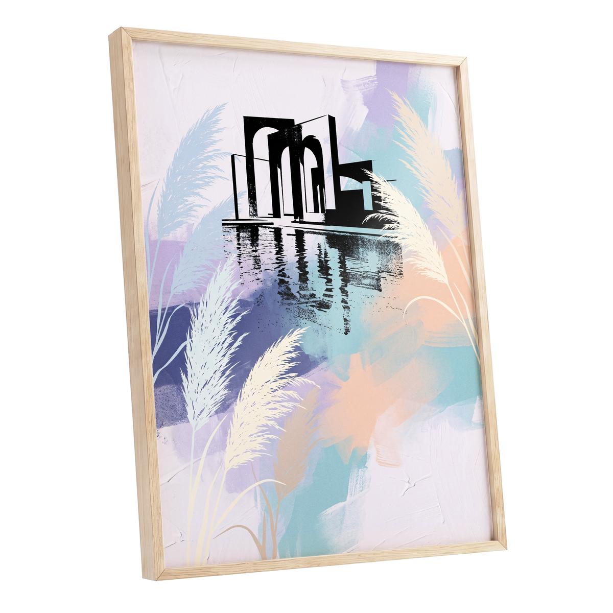 Pastel Waterside Reeds, white, blue, black nature wall art shown as a oak framed poster wall art print