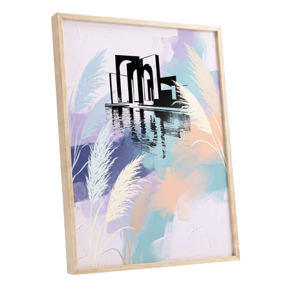 Pastel Waterside Reeds, white, blue, black nature wall art shown as a oak framed poster wall art print