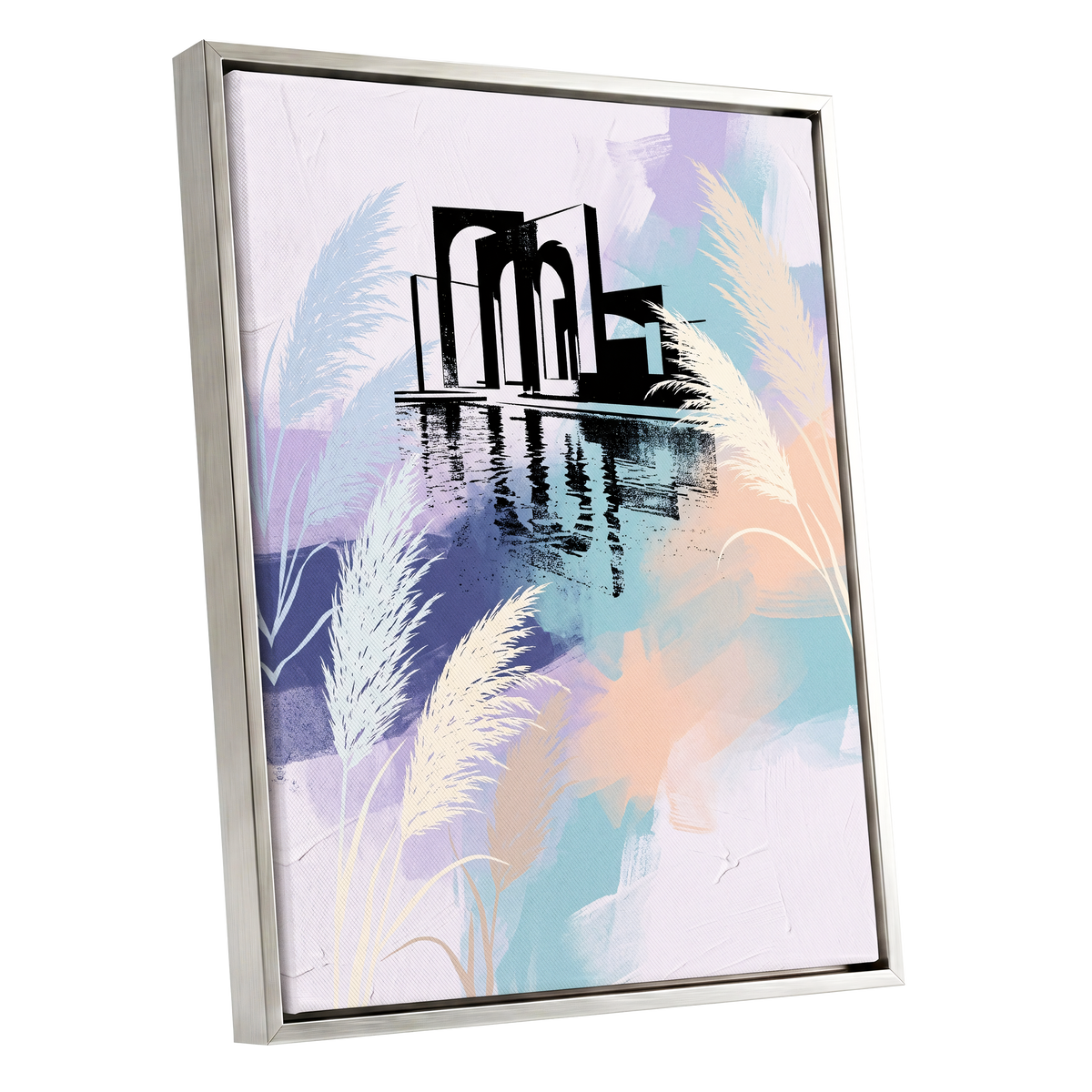 Pastel Waterside Reeds, white, blue, black nature wall art shown as a silver framed canvas wall art