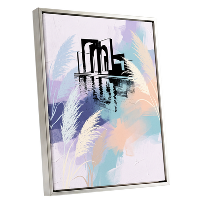 Pastel Waterside Reeds, white, blue, black nature wall art shown as a silver framed canvas wall art