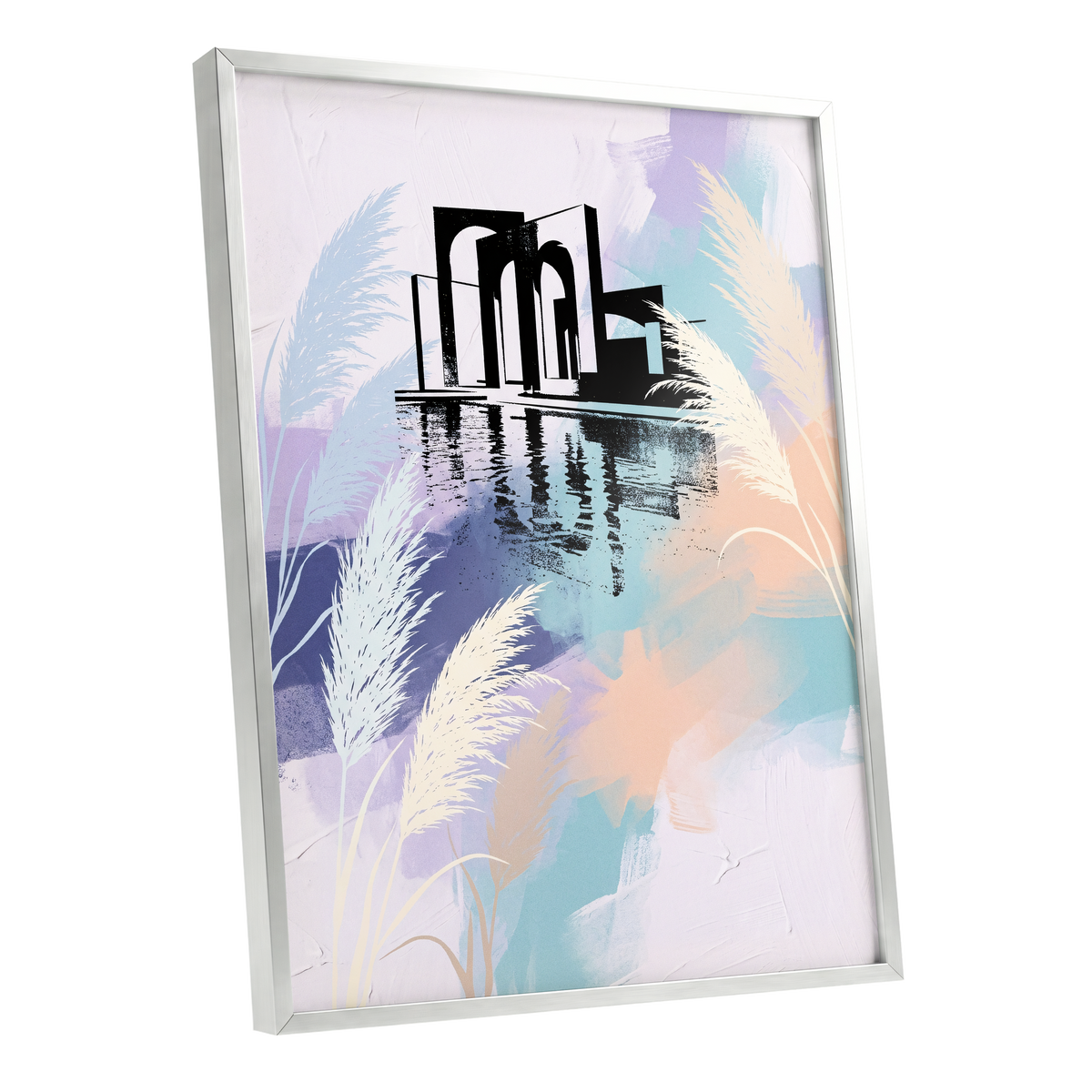 Pastel Waterside Reeds, white, blue, black nature wall art shown as a silver framed poster wall art print