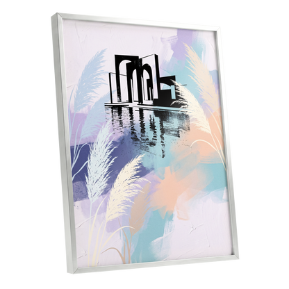 Pastel Waterside Reeds, white, blue, black nature wall art shown as a silver framed poster wall art print