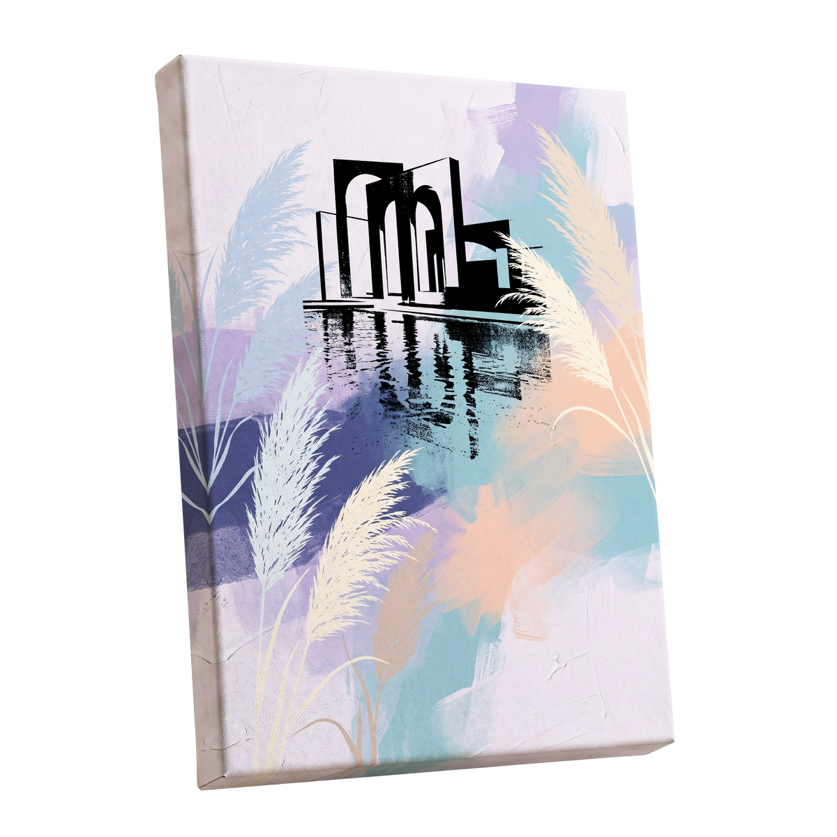 Pastel Waterside Reeds, white, blue, black nature wall art shown as a stretched canvas wall art