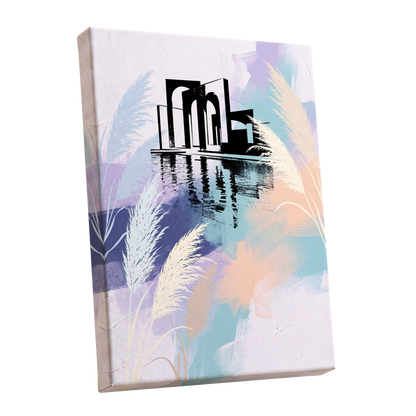 Pastel Waterside Reeds, white, blue, black nature wall art shown as a stretched canvas wall art