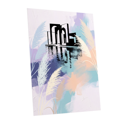 Pastel Waterside Reeds, white, blue, black nature wall art shown as a unframed poster wall art print