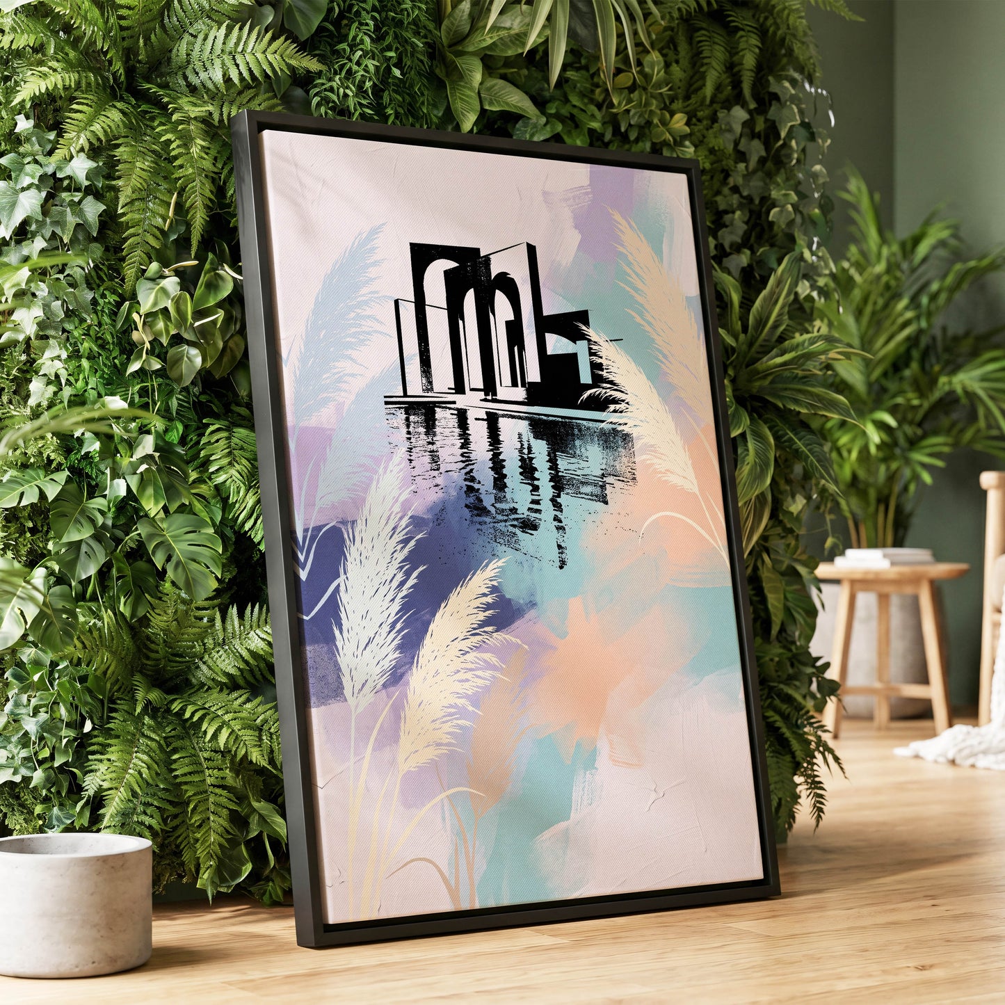 Pastel Waterside Reeds, white, blue, black nature wall art displayed in a styled interior, gallery view 1
