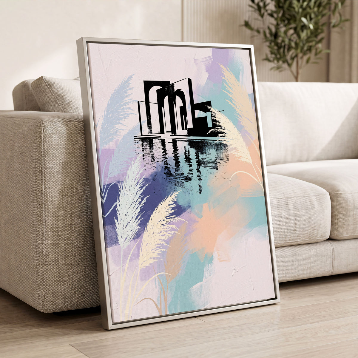 Pastel Waterside Reeds, white, blue, black nature wall art displayed in a styled interior, gallery view 2