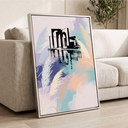 Pastel Waterside Reeds, white, blue, black nature wall art displayed in a styled interior, gallery view 2