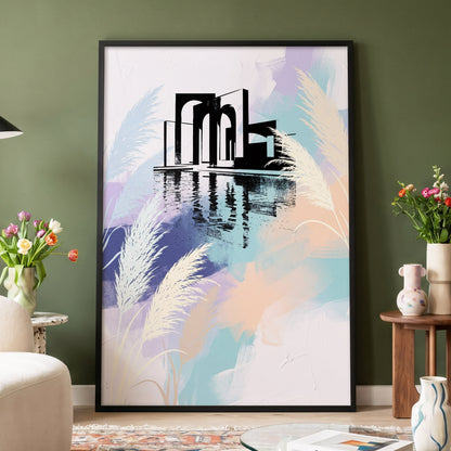 Pastel Waterside Reeds, white, blue, black nature wall art displayed in a styled interior, gallery view 4