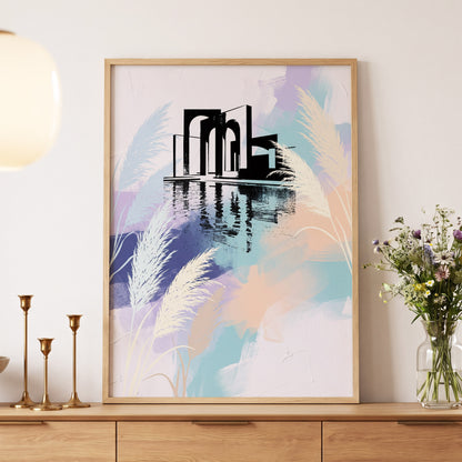Pastel Waterside Reeds, white, blue, black nature wall art displayed in a styled interior, gallery view 5
