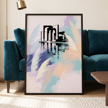 Pastel Waterside Reeds, white, blue, black nature wall art displayed in a styled interior, gallery view 6