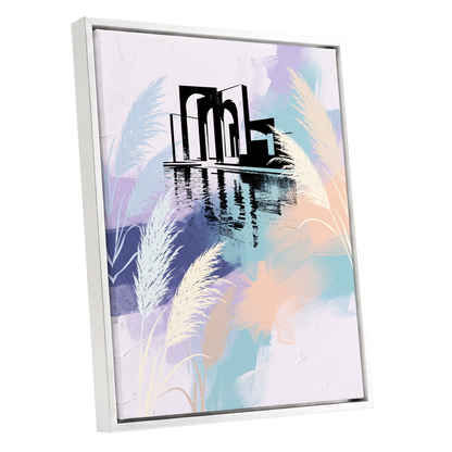 Pastel Waterside Reeds, white, blue, black nature wall art shown as a white framed canvas wall art
