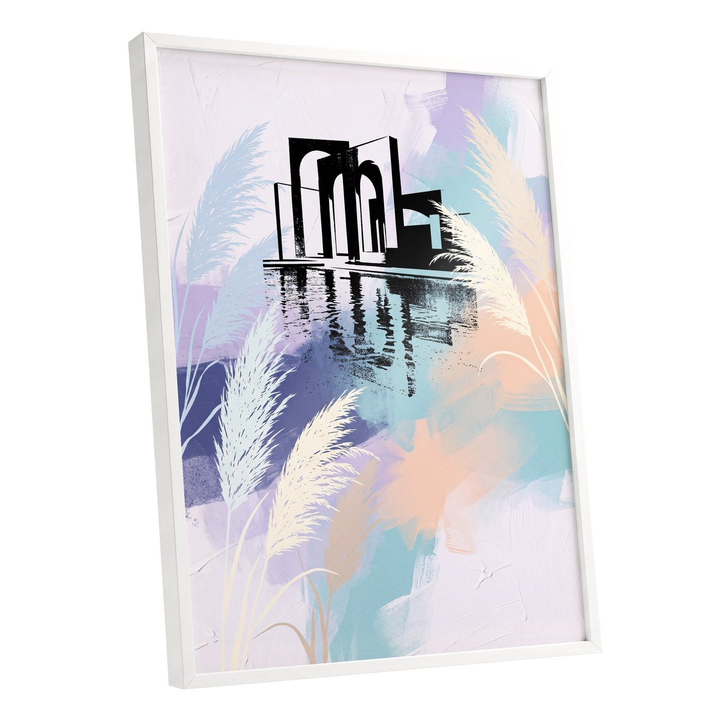 Pastel Waterside Reeds, white, blue, black nature wall art shown as a white framed poster wall art print