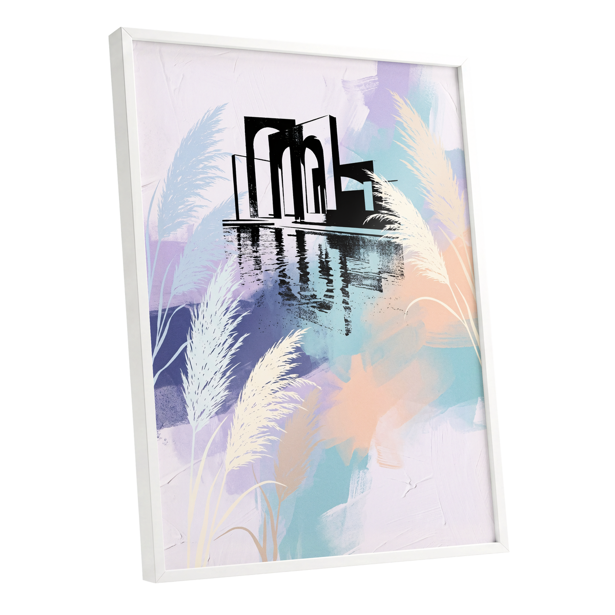 Pastel Waterside Reeds, white, blue, black nature wall art shown as a white framed poster wall art print