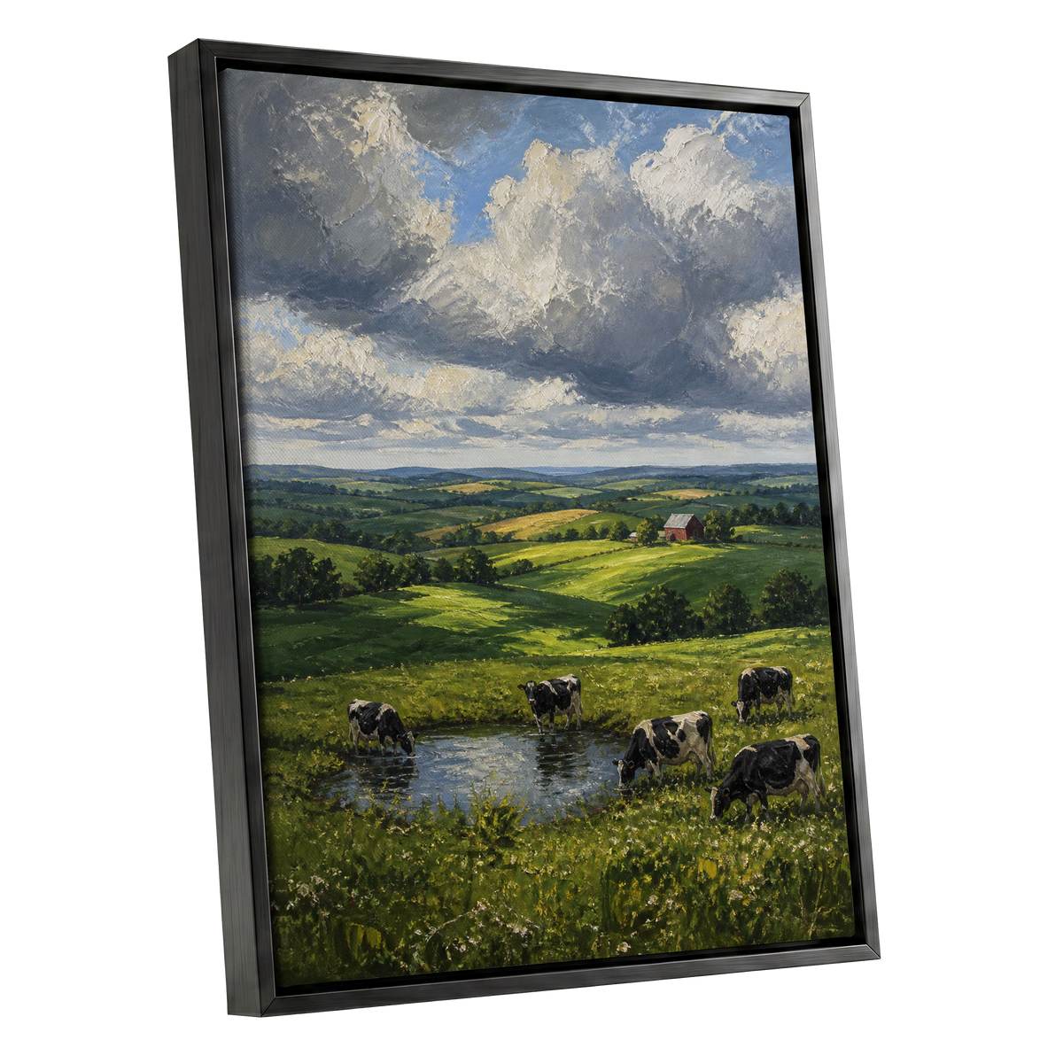 Pastures Before the Storm, green, gray, blue nature wall art shown as a black framed canvas wall art