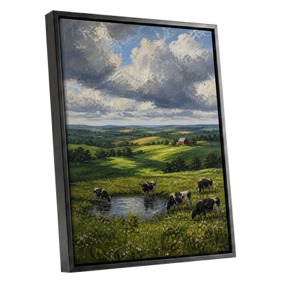 Pastures Before the Storm, green, gray, blue nature wall art shown as a black framed canvas wall art
