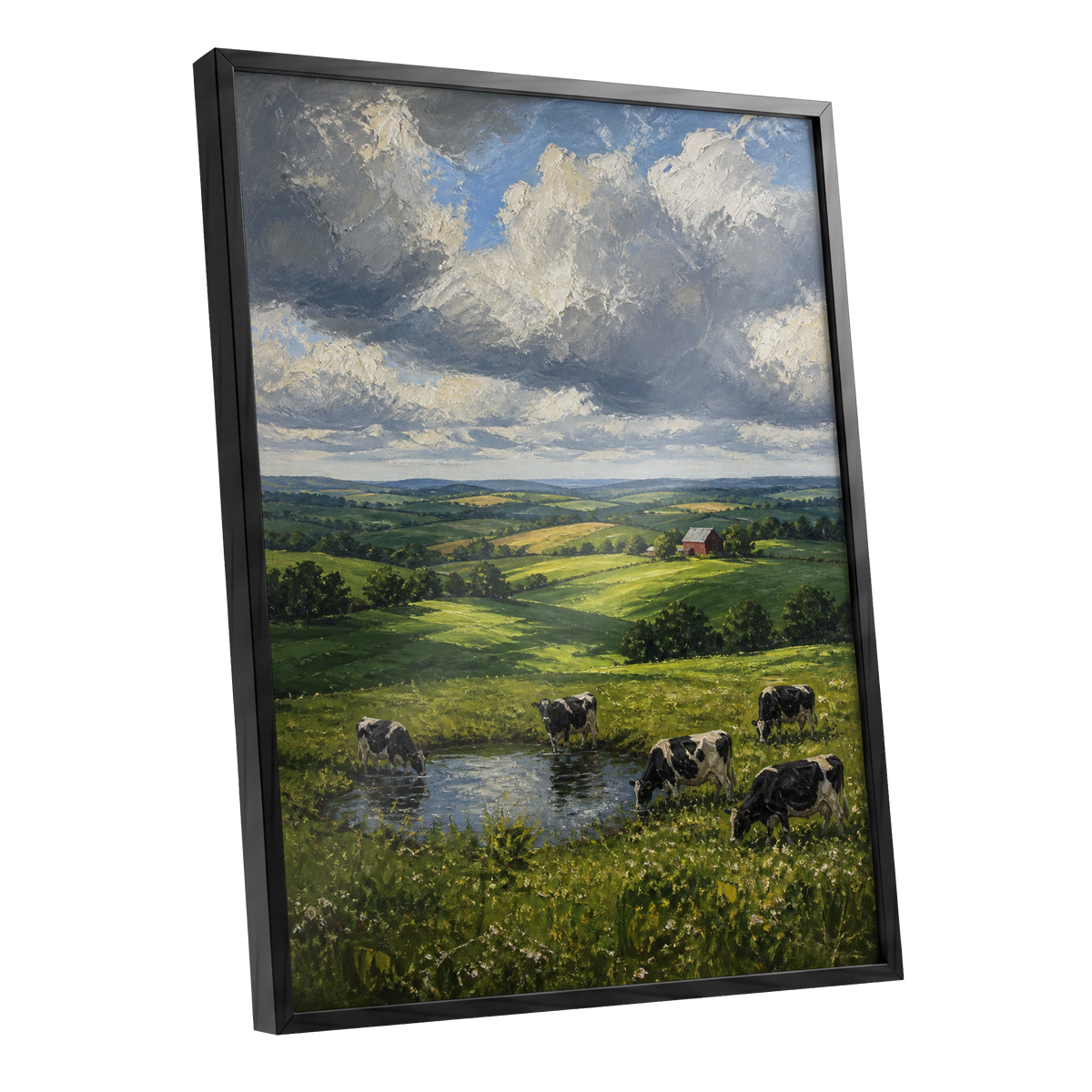 Pastures Before the Storm, green, gray, blue nature wall art shown as a black framed poster wall art print