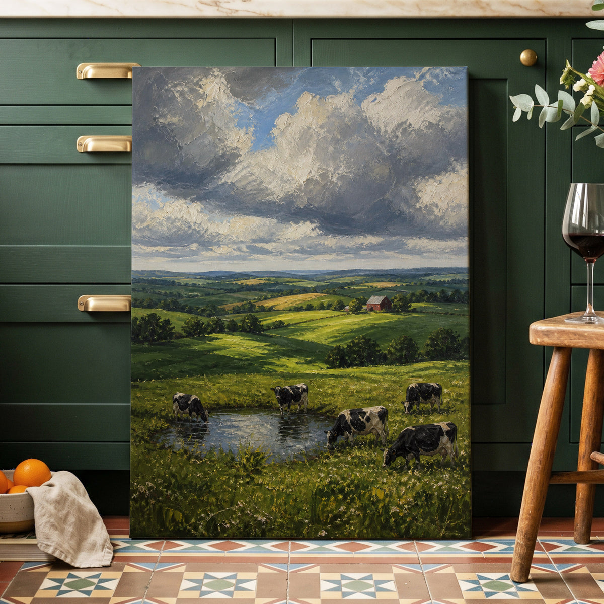 Pastures Before the Storm, green, gray, blue nature wall art on canvas displayed in a styled interior, gallery view 1