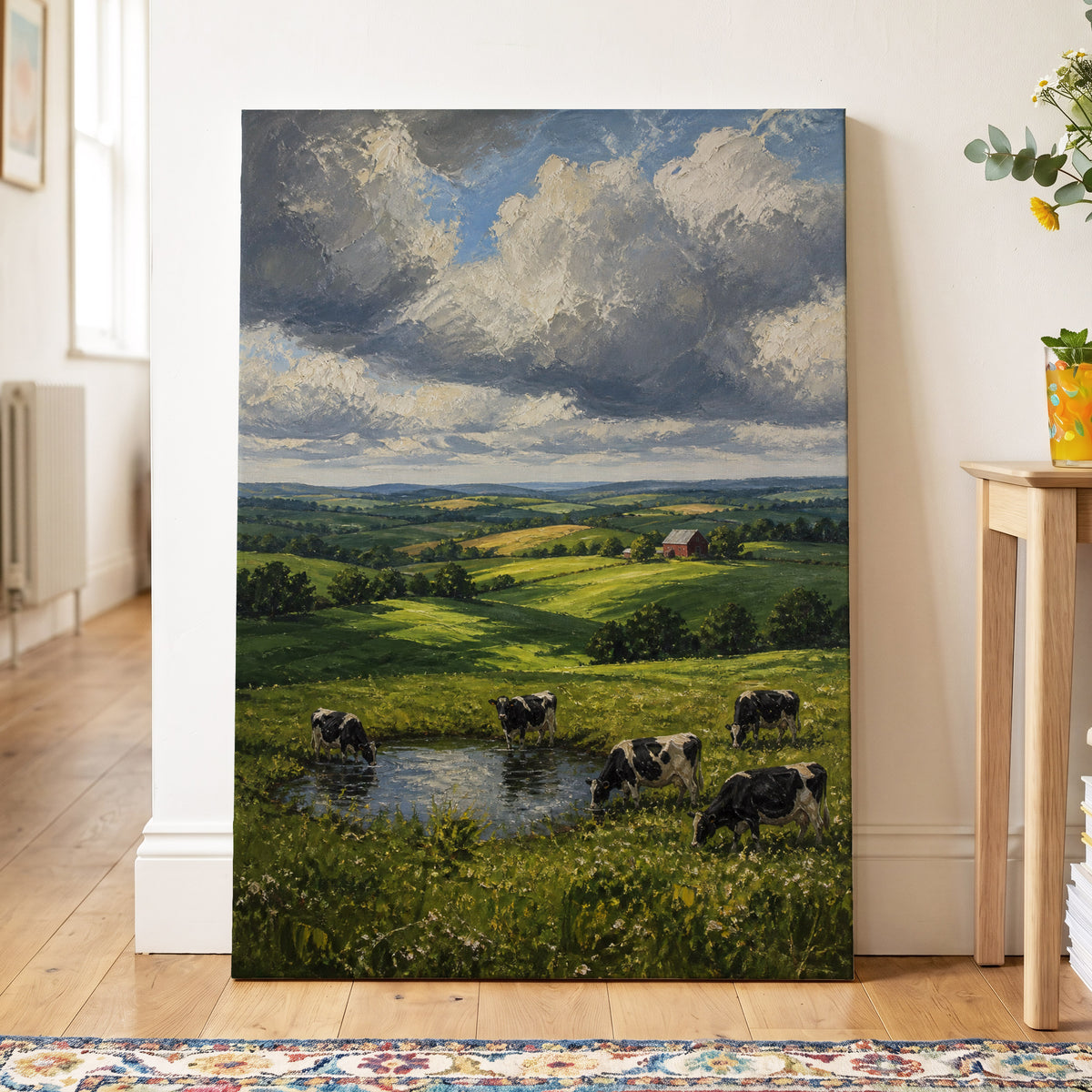 Pastures Before the Storm, green, gray, blue nature wall art on canvas displayed in a styled interior, gallery view 2