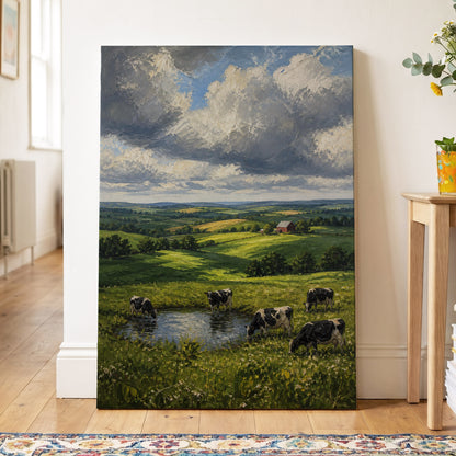 Pastures Before the Storm, green, gray, blue nature wall art on canvas displayed in a styled interior, gallery view 2