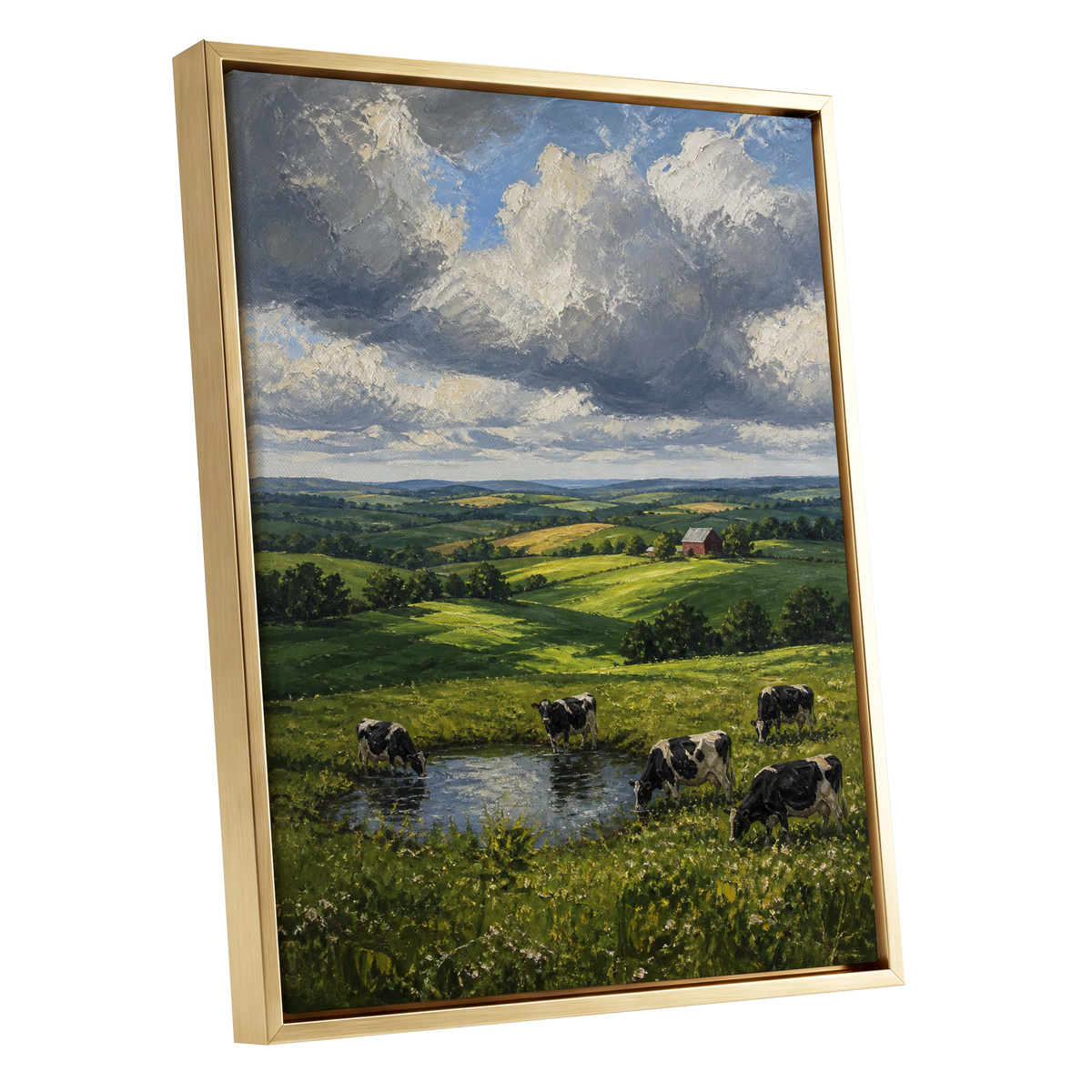 Pastures Before the Storm, green, gray, blue nature wall art shown as a gold framed canvas wall art