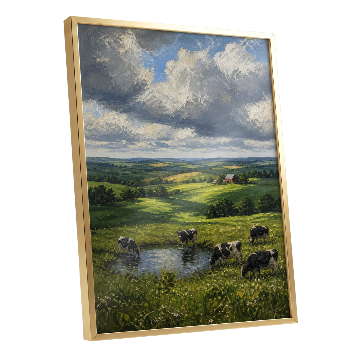 Pastures Before the Storm, green, gray, blue nature wall art shown as a gold framed poster wall art print