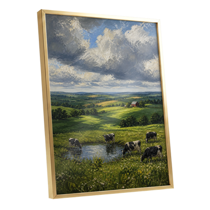 Pastures Before the Storm, green, gray, blue nature wall art shown as a gold framed poster wall art print
