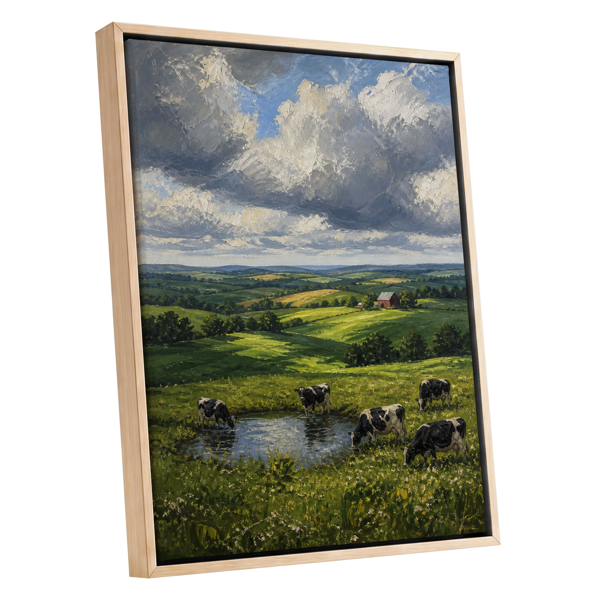 Pastures Before the Storm, green, gray, blue nature wall art shown as a oak framed canvas wall art
